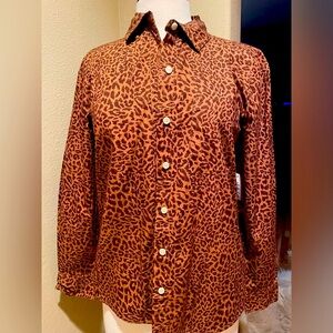Style & Co Camel Leopard Cotton Button Down Blouse Small NWT NEW